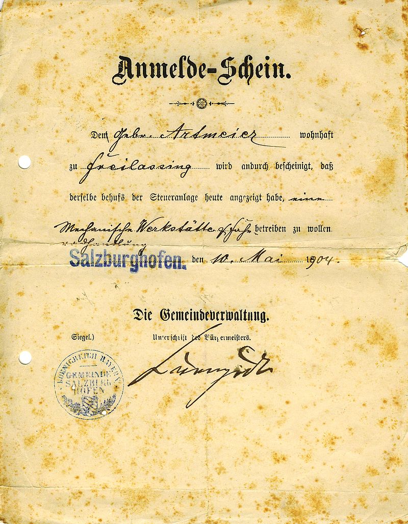 1908/1910 Karl Artmaier ist Besitzer des 1. Führerscheins